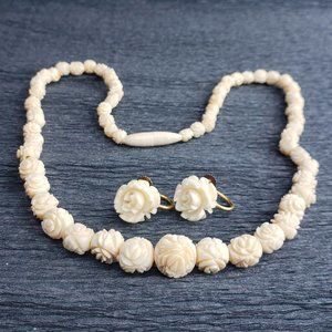 Antique Carved Bone Rosebud Graduated Bead Necklace & Earrings NOT IVORY